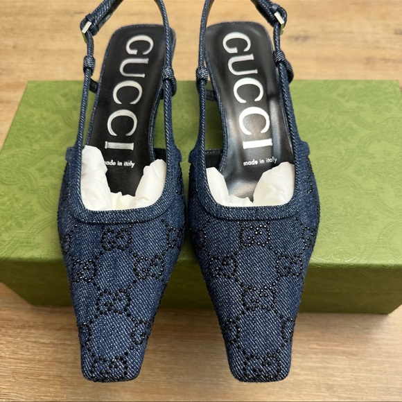 Gucci GG Embellished Denim Slingback Kitten Heel Pumps 36.5 - Picture 4 of 7